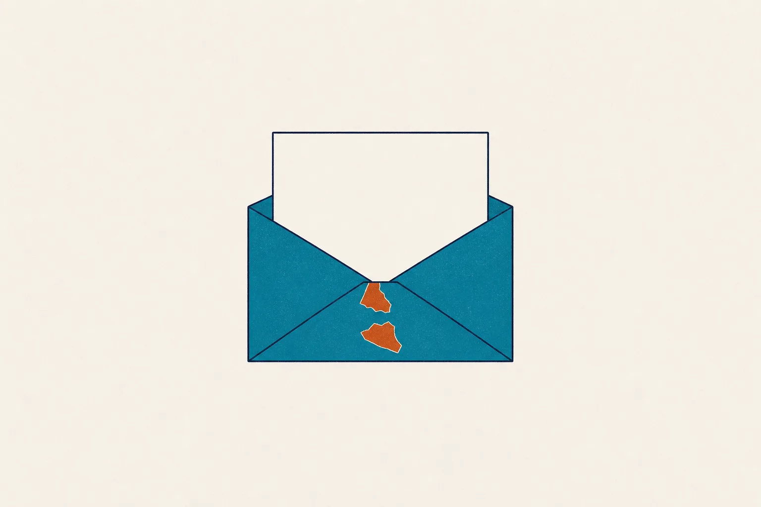 Envelope azul-petróleo aberto, com o lacre rompido e uma ficha em branco saindo de dentro.